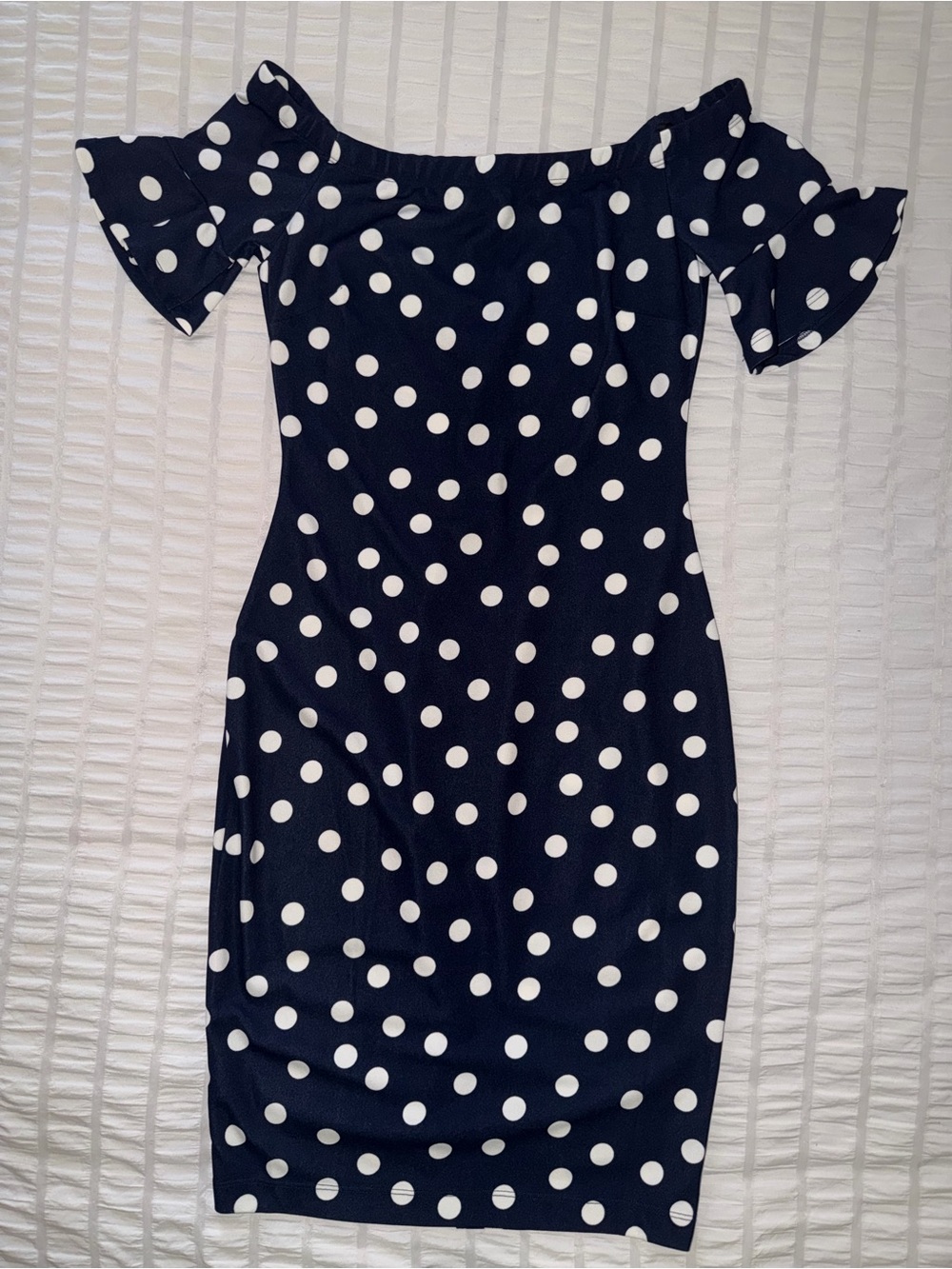 Navy Polka Dot Off-Shoulder Midi Dress
